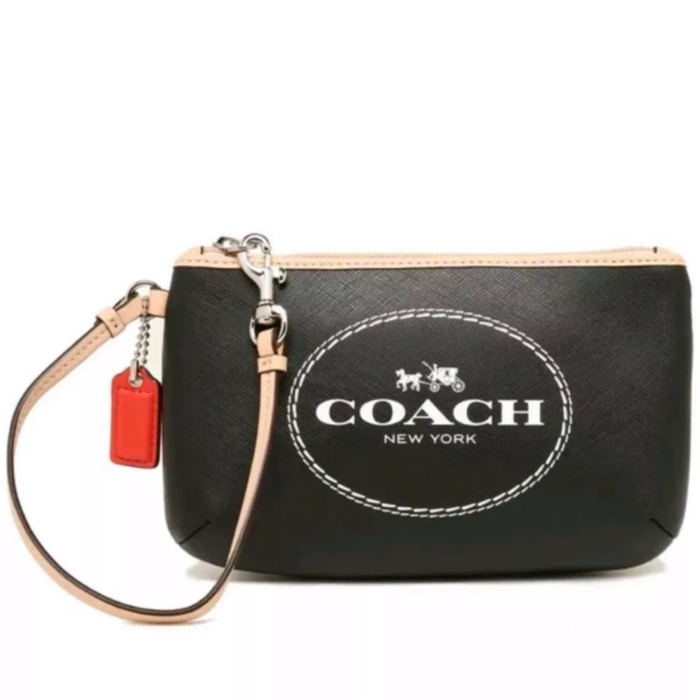 Coach Black Wristlet with Light Tan Trim and Red Tag